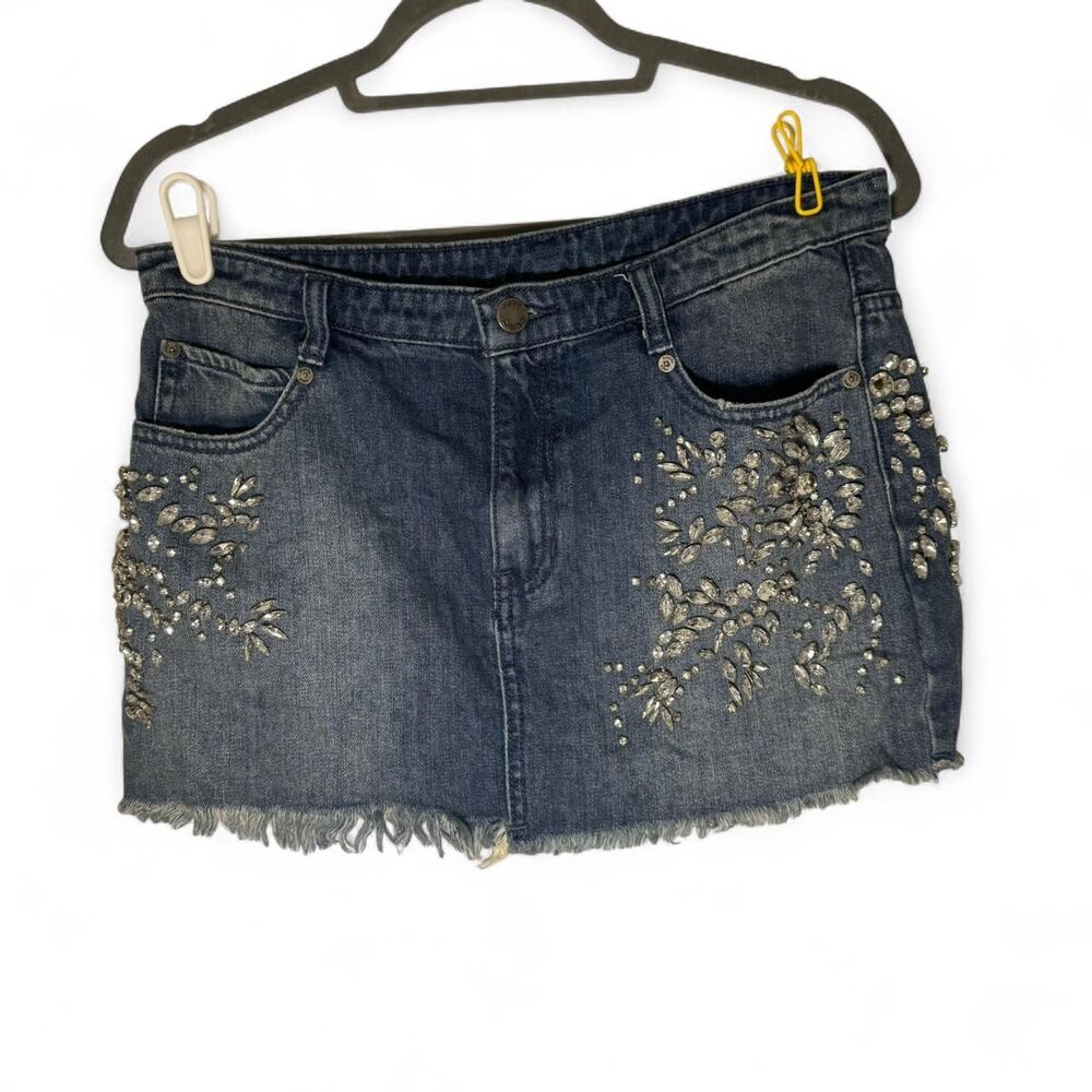 Women's Free People Denim Size 4 Rhinestone Mini Skirt Festival Glam Going Out